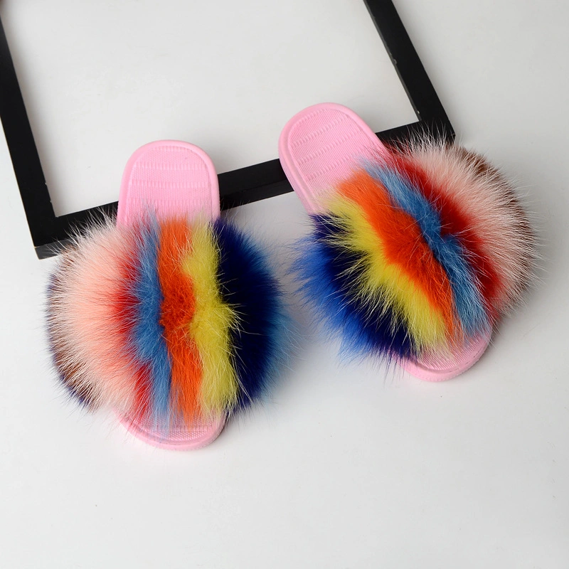 Wholesale Price Ladies Slippers Real Fox Genuine Fur Slide Sandals for Women