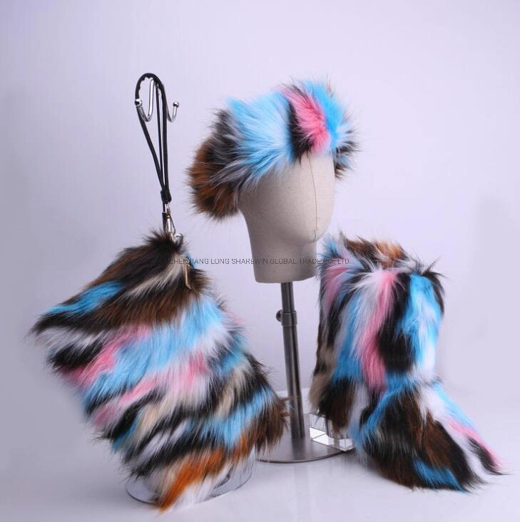 Fluffy Faux Fox Raccoon Big Plush Fur Winter Women Soft Soles Auti Slip Snow Boots
