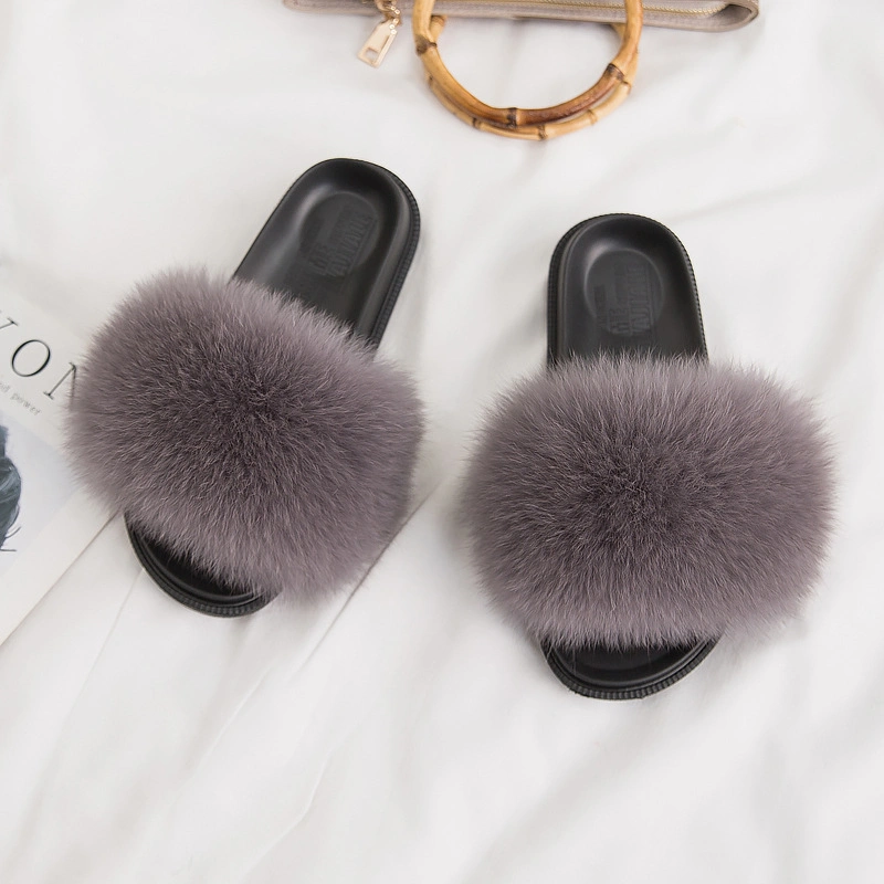 Colorful Women Use Real Fox Fur Slides Fur Sandals