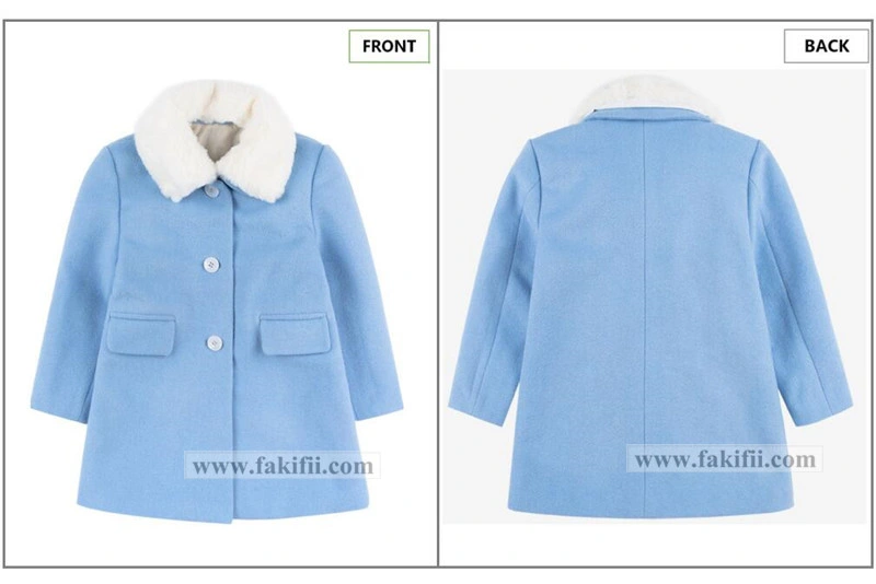 Factory Brand Baby Clothing Children Garment Winter Blue Wool Coat with Fur Girls Fashion Wear