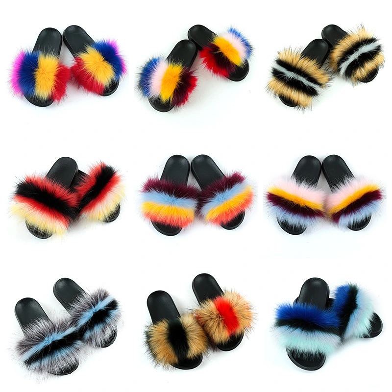 Lady Fur Slippers Fluffy Fox Fur Sandals Fluffy Slides for Women