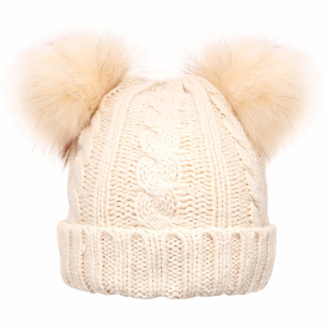 Winter Warm Knitted Soft Faux Fur Double POM POM Beanie Hat with Plush Lining.