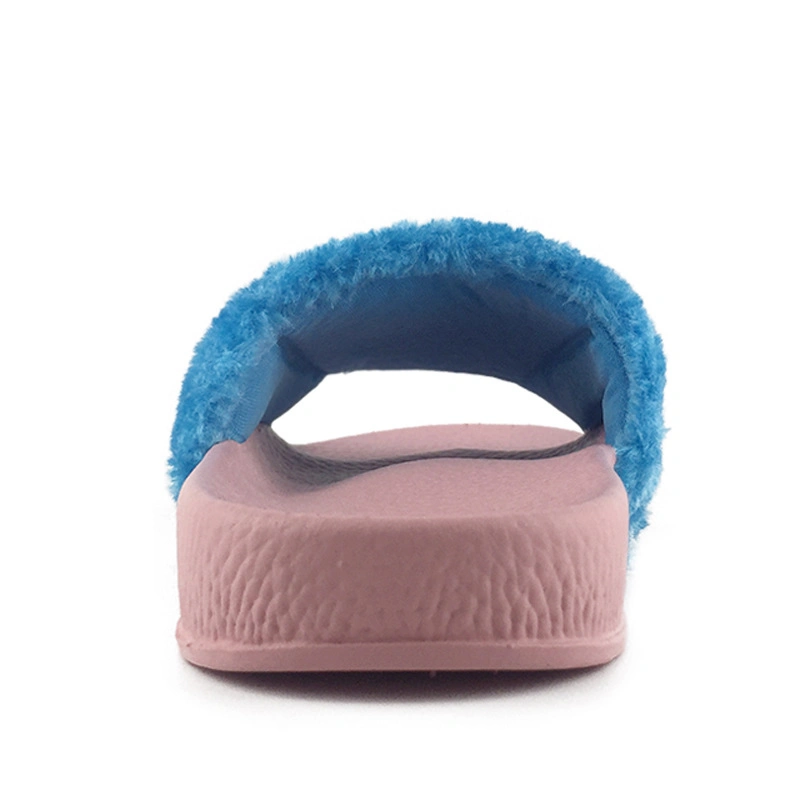 Fashion Ladies Fur Slippers with Colorful Fur Upper Blue Slippers Slide Sandals
