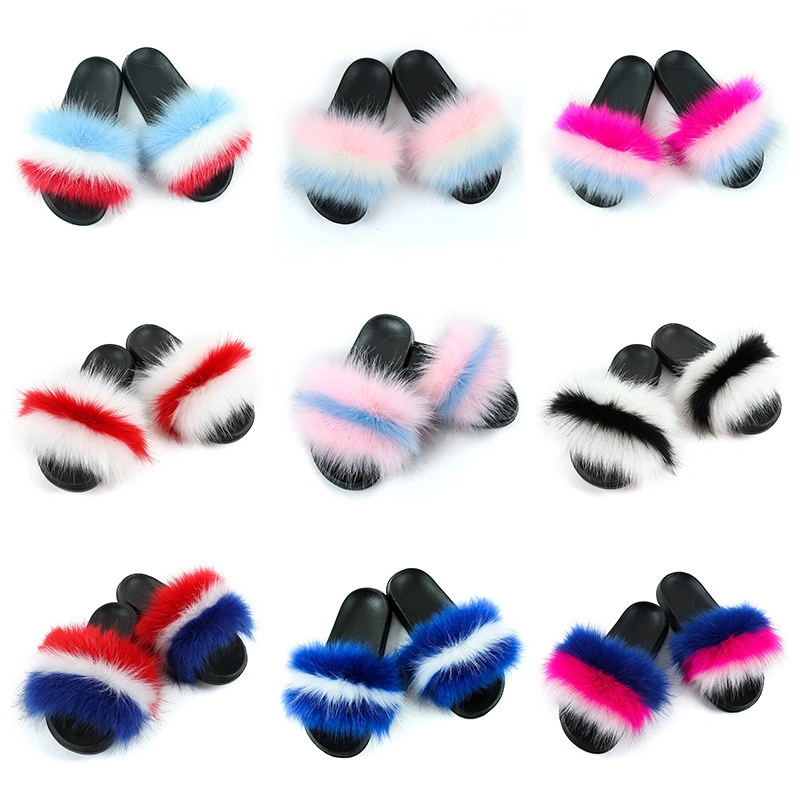 Plush Wholesale Women Fur Slippers Fashion Fox Fur Sandals Fox Fur Upper Slides
