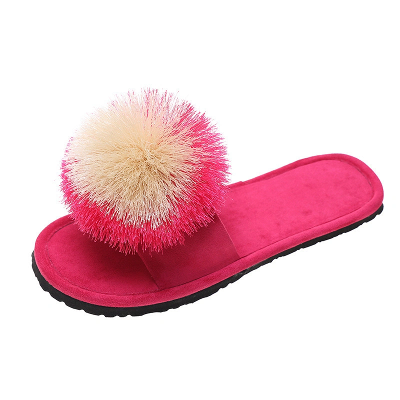 Fur Ball Upper Plush Slides, Wholesale Brand Sandal, Women Fashion Fur Slippers