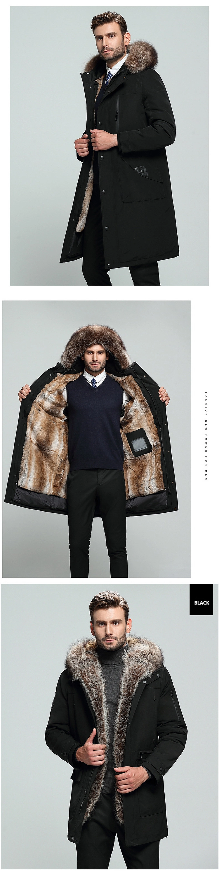 Wholesale High Quality Mens Winter Best Black Parka Coats Real Raccoon Fur Hooded Parka Fur Jacket