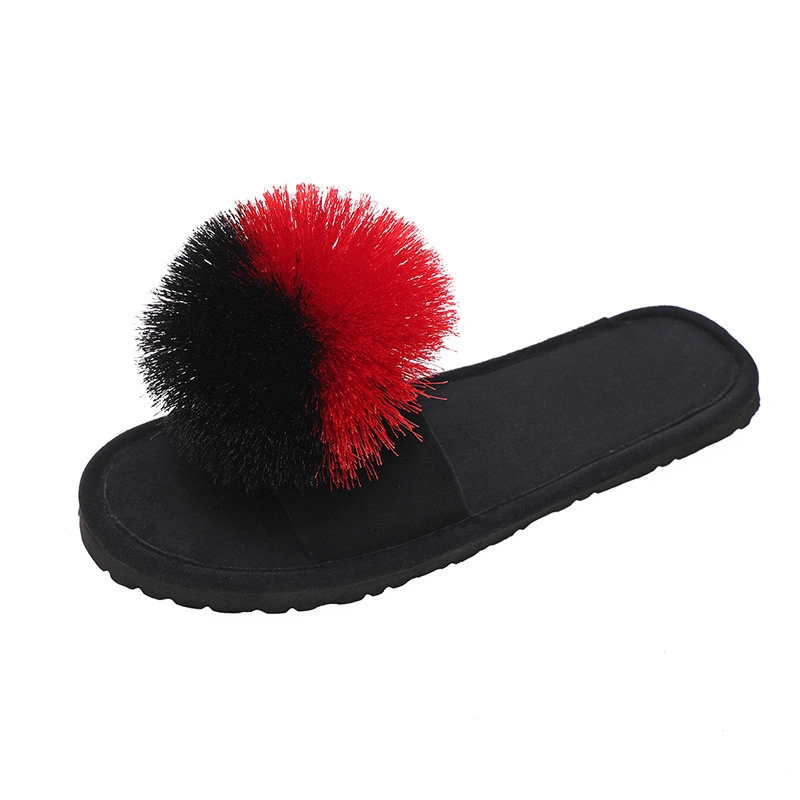 Fur Ball Upper Plush Slides, Wholesale Brand Sandal, Women Fashion Fur Slippers