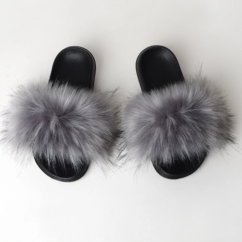 Summer Fluffy Wholesale Fur Slippers, Shoes Women Fox Fur Flip Flop, Flat Furry Fur Slides Sandals