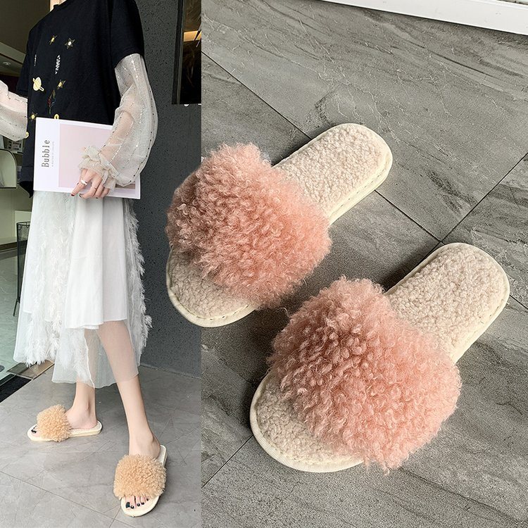 Girls Fashion Lamb Wool Sandals OEM Custom Furry Slides Wholesale Fur Slippers for Women