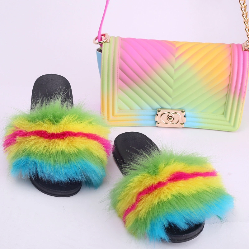Wholesale Fur Slippers with Purse Set, New Fashion Trend Fur Slides Handbag Set Colorful