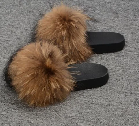 New Real Raccoon Fur Slippers Women Slides Indoor Flip Flops Flat Fur Sandals