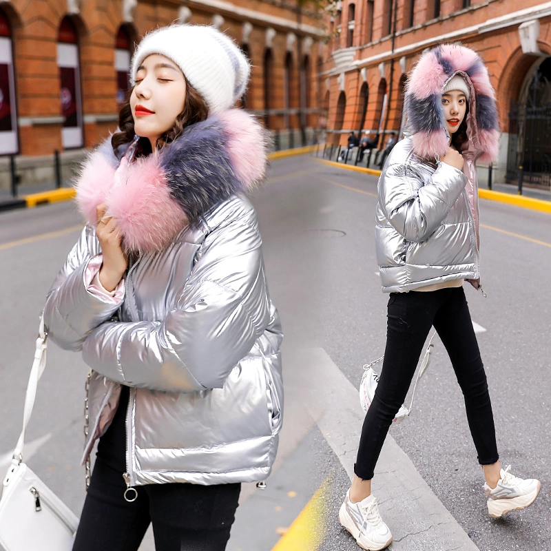 Gold Sparkle Shell Women Fashion Big Fur Collar Overcoat Down Feather Coat with Hood