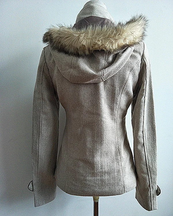 Ladies Women's Short Wool Coat with Fake Fur Hood