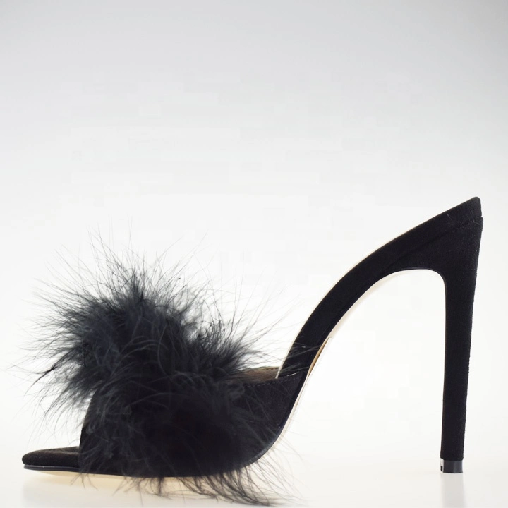 New Black Strap Cross Fur Style European High Heel Woman Sandals Shoes