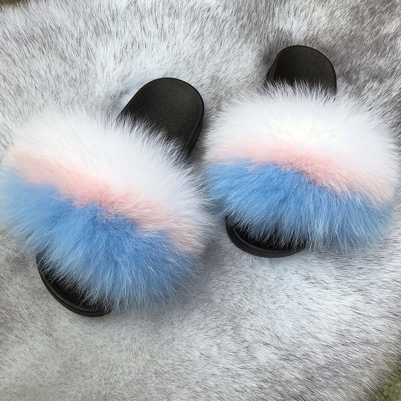 Women's Summer Fox Fur Slippers Fox Fur Slides Furry Slide Sandals