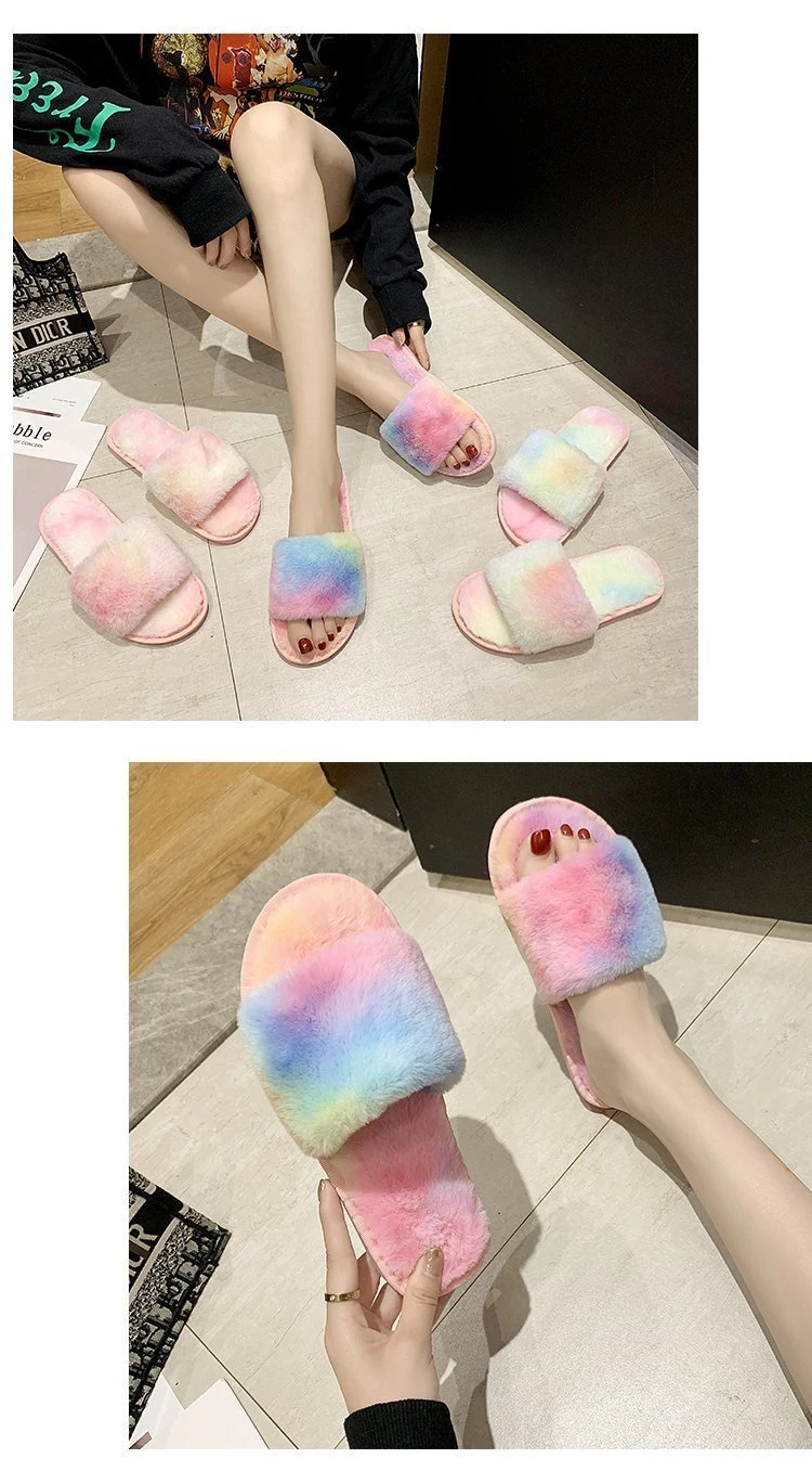 Wholesale Fur Slippers in Tie Dye Design Women Soft Fox Slides Sandals Ladies Winter Indoor Slippers
