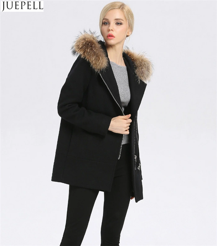 Europe Women Coat New Winter Long Women's Wool Hooded Fur Collar Fur Women Coat