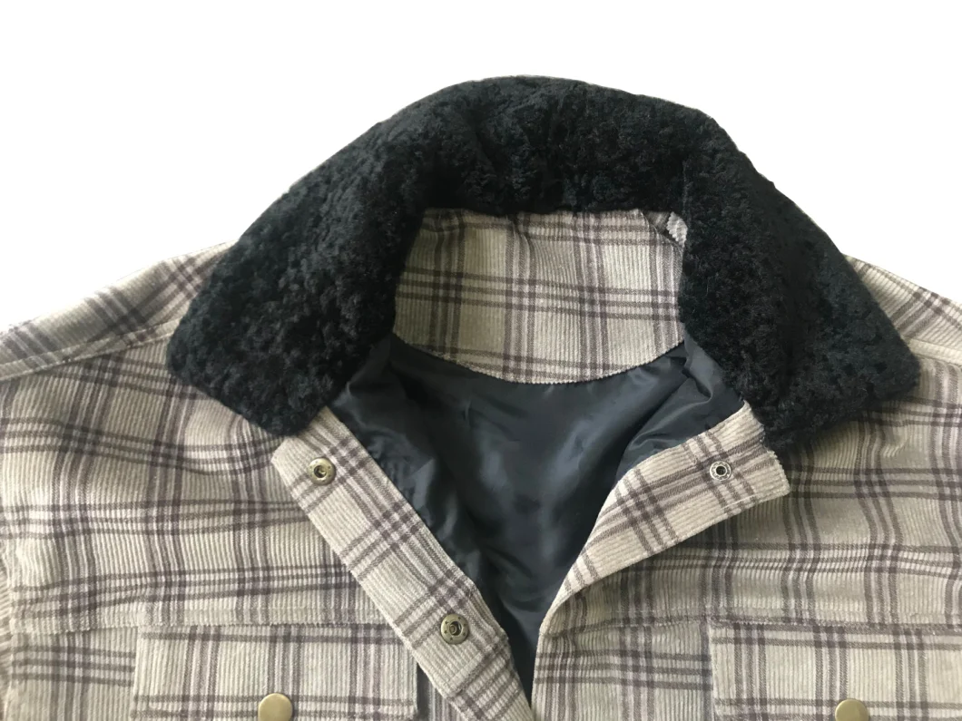Leisure Black Faux Fur Lined Cotton Corduroy Plaid Coat