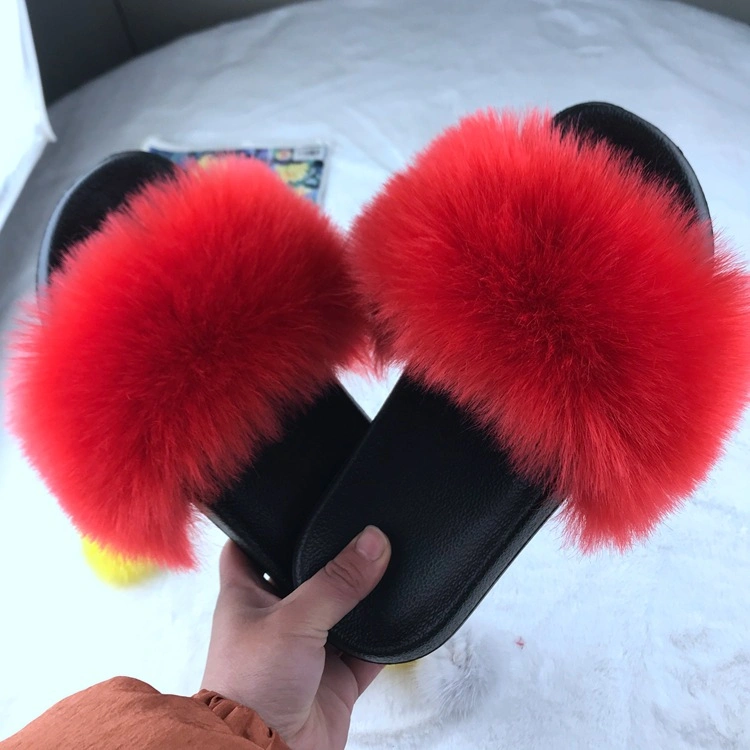 Wholesale Fur Slippers, Fox Fur Slides, Plush Ladies Sandals