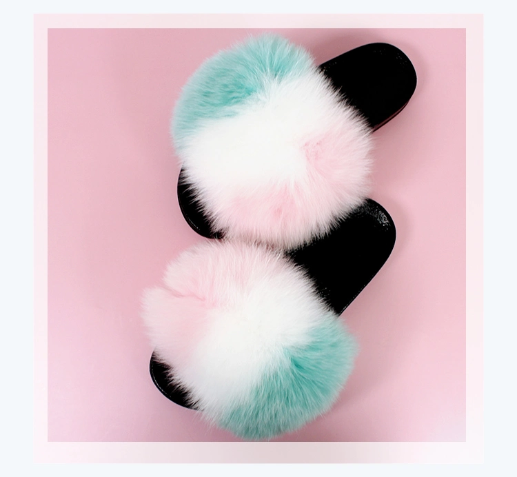 Wholesale Women Fur Slides Real Fox Fur Slippers Genuine Fur Sandals