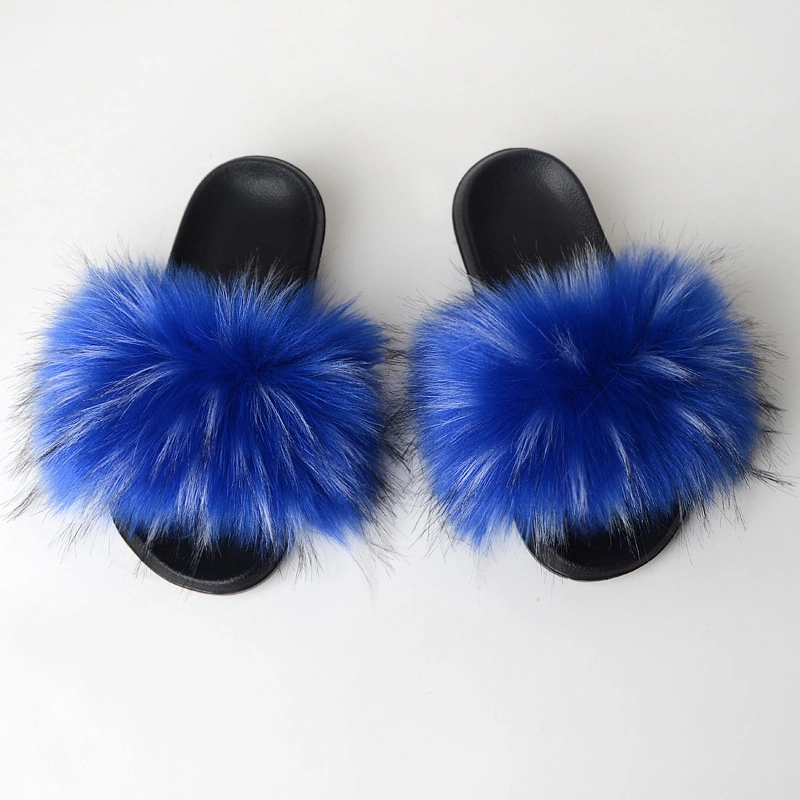 Summer Fluffy Wholesale Fur Slippers, Shoes Women Fox Fur Flip Flop, Flat Furry Fur Slides Sandals