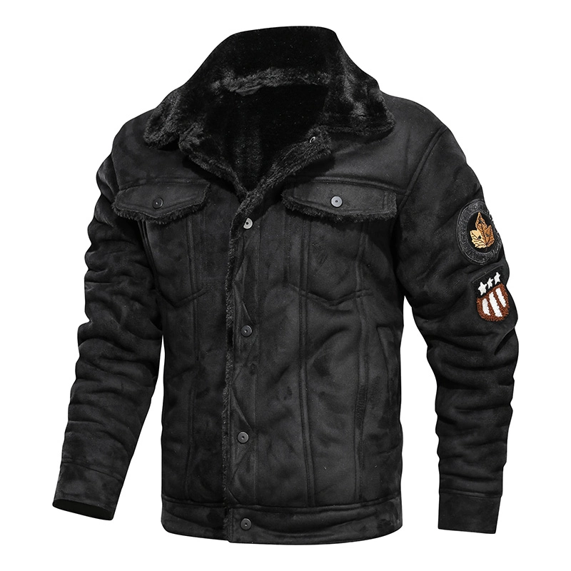 New Fashion Classic Black Mens Leather Fur Winter Jacket with Patches