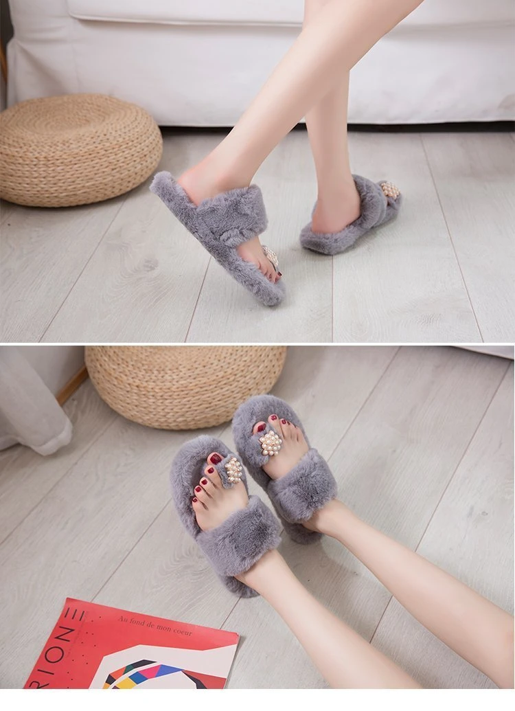 Fashion Pearl Outdoor Fur Slides Sandals, Custom Logo Wholesale Fur Slippers
