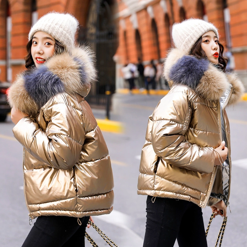 Gold Sparkle Shell Women Fashion Big Fur Collar Overcoat Down Feather Coat with Hood