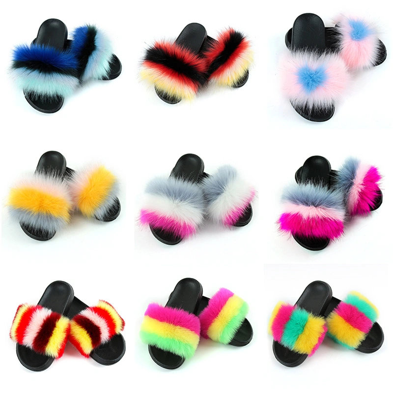 Lady Fur Slippers Fluffy Fox Fur Sandals Fluffy Slides for Women
