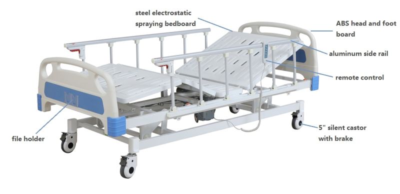 3 Function Electric Hospital Bed/Patient Bed/Nursing Bed/Fowler Bed/ICU Bed/Medical Bed with Mattress and I. V Pole