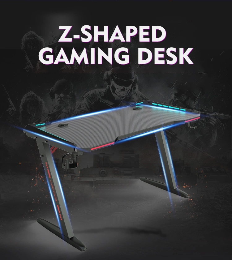 Vama Black Gaming Desk 55 Inch Racing Style, Z-Shaped Home Computer Desk, Large Ergonomic Gaming Table Gamer Table Workstation with RGB LED Light