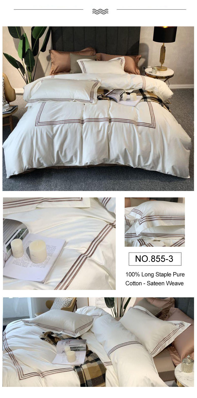 Apartment Simple Style Embroidered Hotel Linen Cotton White for Double Bed