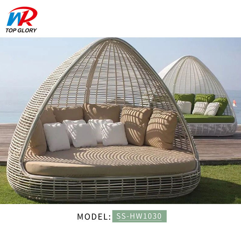 Modern Outdoor Garden Hotel Resort Patio Villa Furniture Sun Lounger Grey Round Daybed Cabana Gazebo Sofabed Sunbed