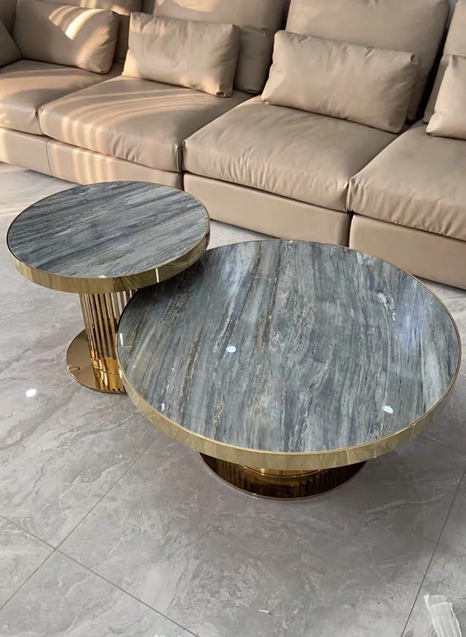 Italian Luxury Gold Metal Base Round Sintered Stone Living Room Table Set Side Table