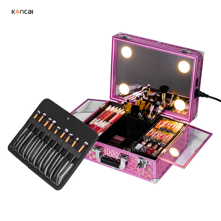Pink Makeup Organizer Vanity Case with Tray and Makeup Brush Holder Cosmetic Makeup Beauty Case