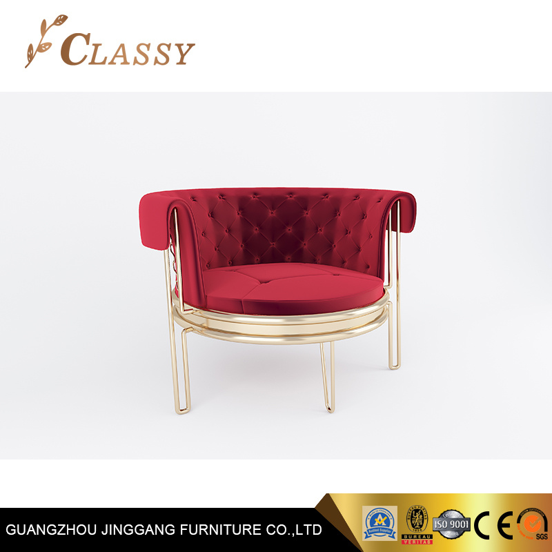Luxury Red Velvet Armchair Lazy Sofa with Mirror Golden Metal Frame