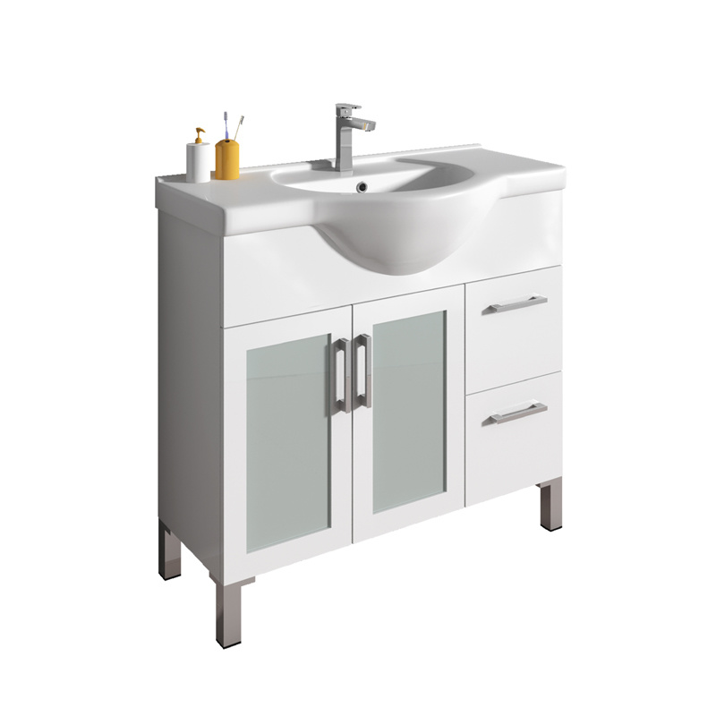 Modern White Floor Mounted Bathroom Furniture with Double Doors Metal Handle and Ceramic Basin