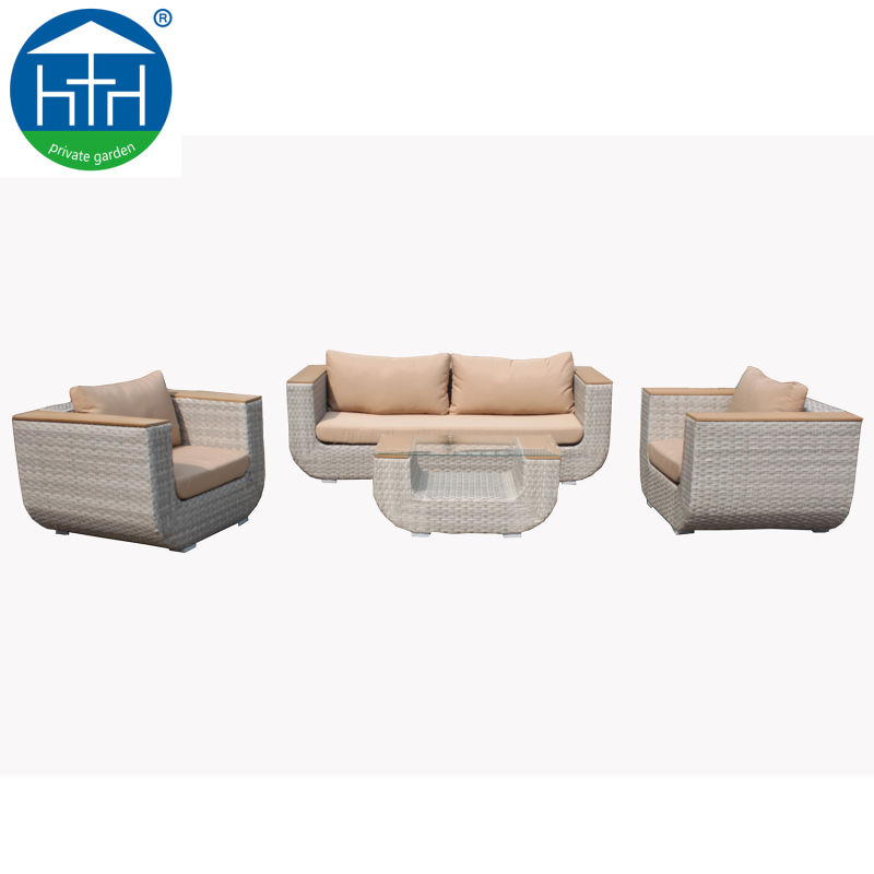 Elegant Home Design Rattan Furniture Garden Sofa Lounge Set with Wood Armrest