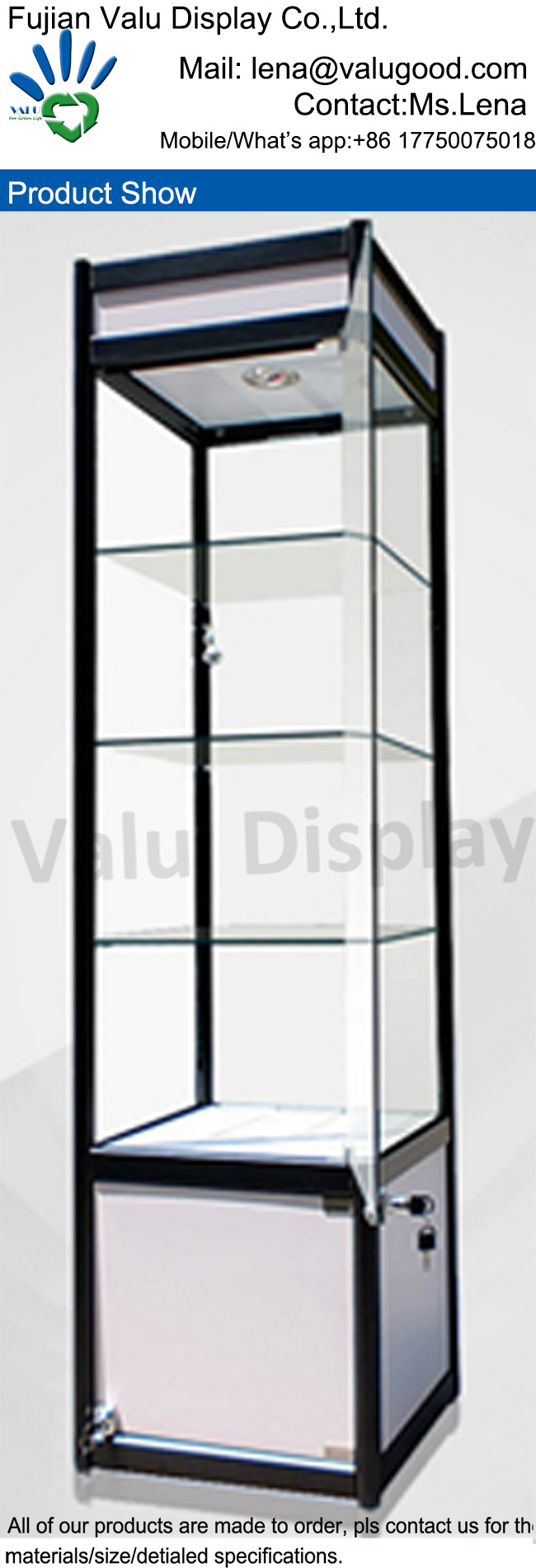 Modern Jewelry Aluminum Glass Display Showcase/Lockable Glass Vitrine Showcase Display Cabinet