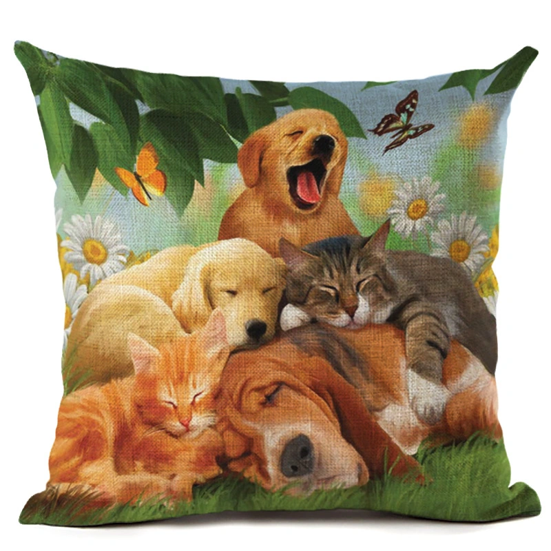 Cute Animals Lazy Dog Cat Linen Pillowcase Living Room Sofa Digital Printed Cushion Cover