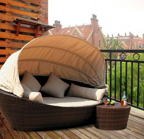 Hot Sale Beach Wicker Daybed Outdoor Round Rattan Sunbed with Canopy Patio Furniture