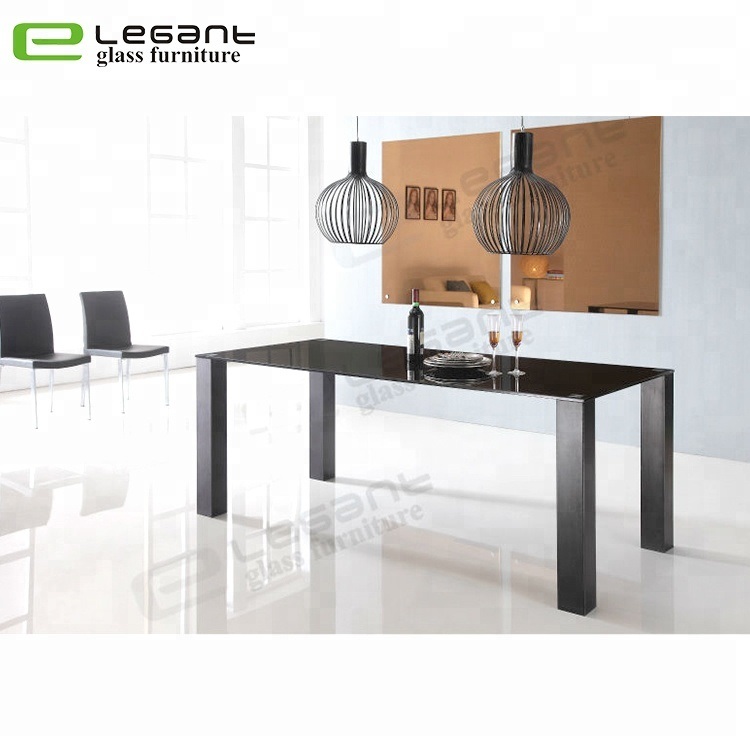 Black Painted Glass Dining Table, Modern Coated Iron Dining Table