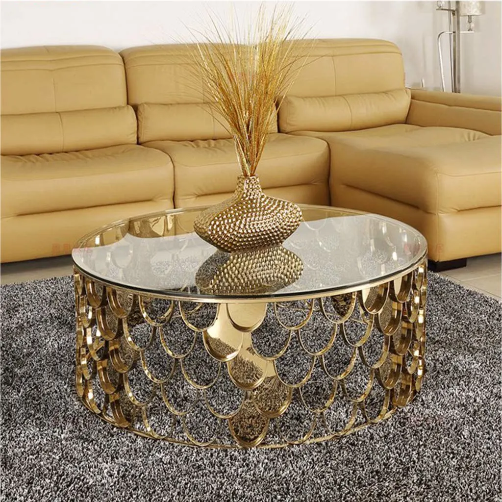 Round Coffee Table Sofa End Table Living Room Side Table Modern Luxury Furniture, Tempered Glass Table Top and Gold Stainless Steel Frame Coffee Tables