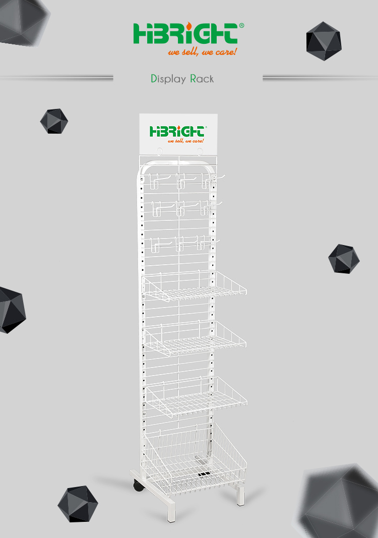 Single Side Exhibition Display Stand Hanging Hook Mesh Wire Grid Wall Rack Shelving with Basket
