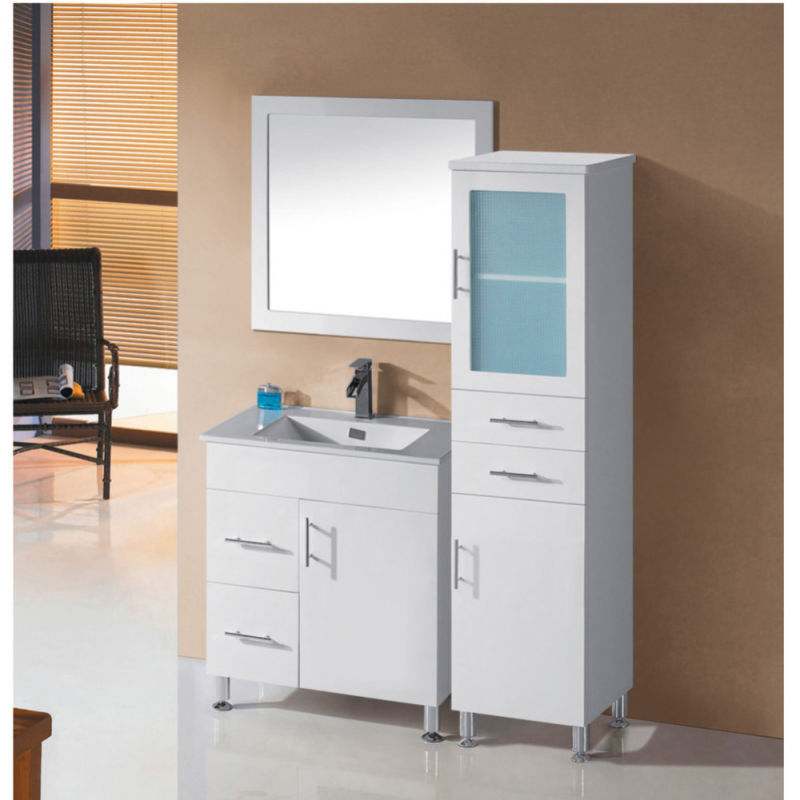 White Lacquer Glass Vanity with Mirror and Side Cabinet