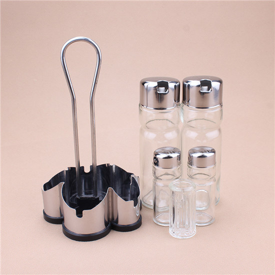 Popular 4PCS Glass Spice Bottle with Ss Shelf for Kitchenware