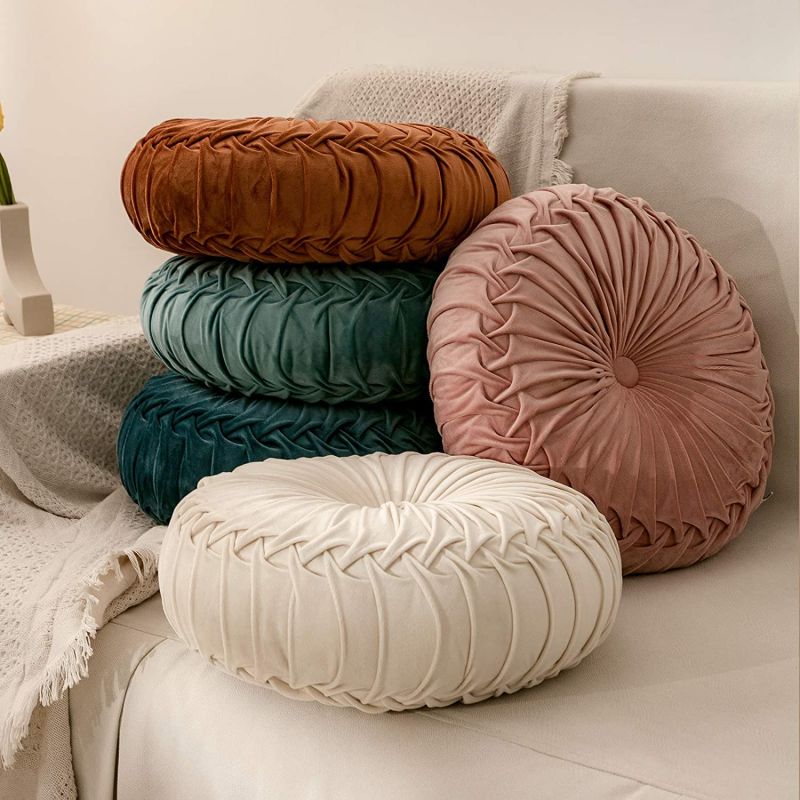 Round Decorative Pillow Large Velvet Floor Couch Pillow Handcrafted Pleated Round Throw Pillow Decoration for Chair Sofa Bed and Car