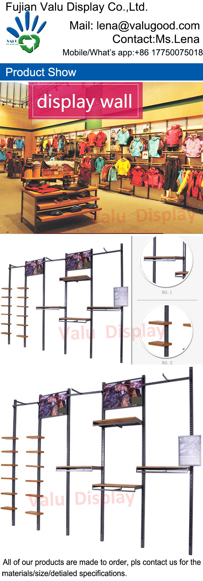 Metal Wood Wall Clothes Display Stand Rack for Clothing Shop Display Furniture
