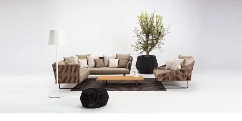 Patio Rattan Sofa Set with Teak Outdoor Wicker Modern Garden Sofa Set