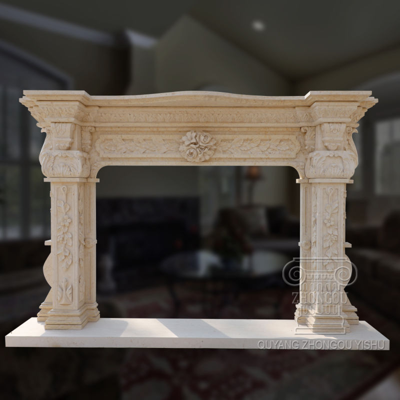 White Marble Hand-Carved Fireplace Mantel with Beautiful Flowers